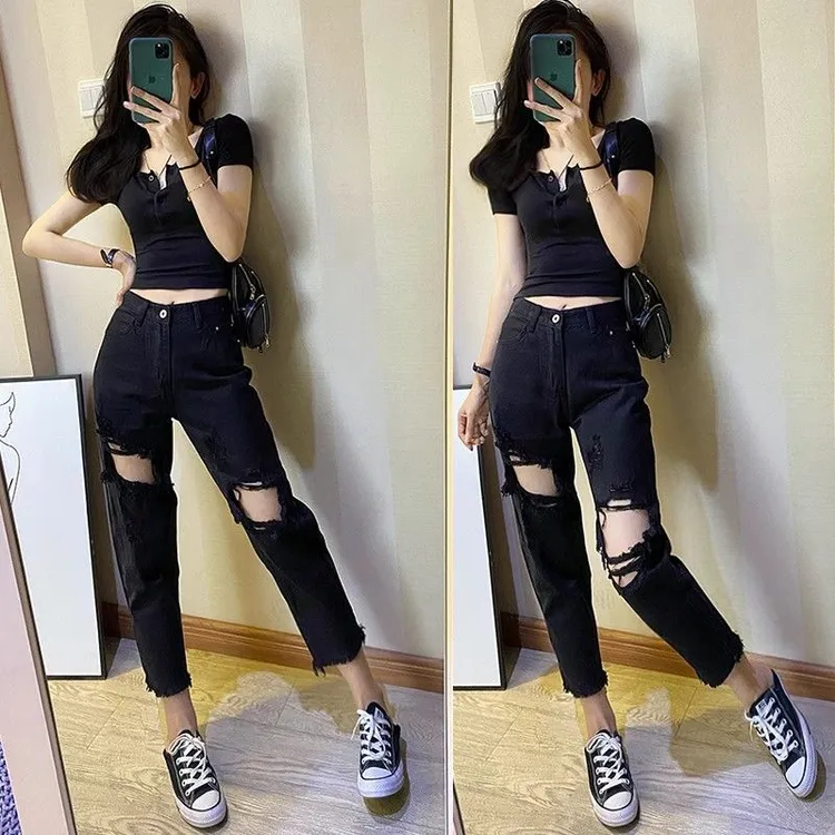 黑色大破洞牛仔裤夏季女显瘦网红炸街减龄宽松美式复古直筒裤薄款