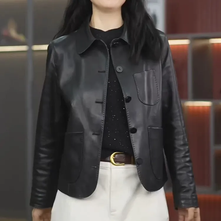 海宁皮衣女款2025秋季新款百搭翻领皮衣女外套短款洋气气质上衣