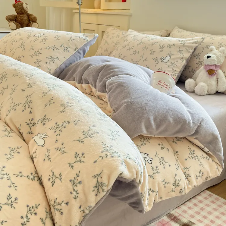 卡通枝枝兔加厚牛奶绒床上四件套珊瑚绒被套双面法兰绒床单三件套