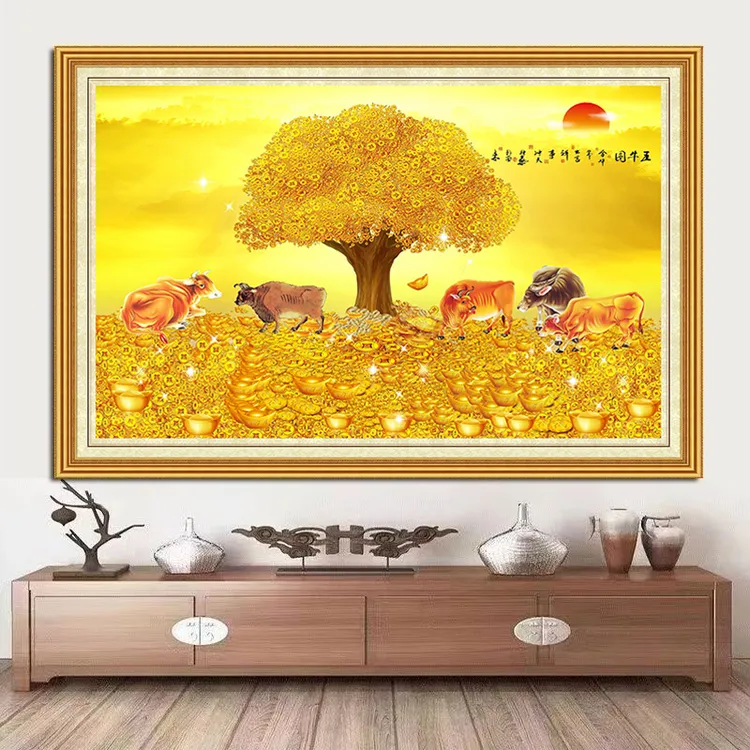 【防真边框】五牛图黄牛风水画挂画旺宅招财客厅沙发背景墙贴画年画