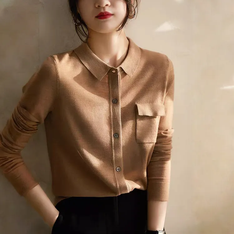 60支18针100%精纺羊毛秋冬女士Polo领衬衫薄长袖翻领针织上衣内搭