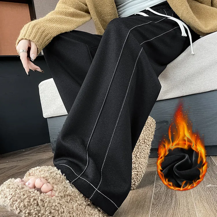 牛仔阔腿裤女秋冬季加绒高腰保暖加厚裤子潮流女裤宽松窄版直筒裤