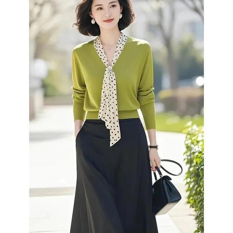 绿色披肩修身长袖针织衫女秋季2025新款盐系轻熟风裙子两件套