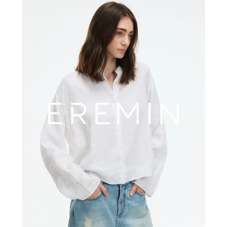 DE Mincollection绣花小衫/全亚麻老钱风刺绣袖口圆领衬衫55404