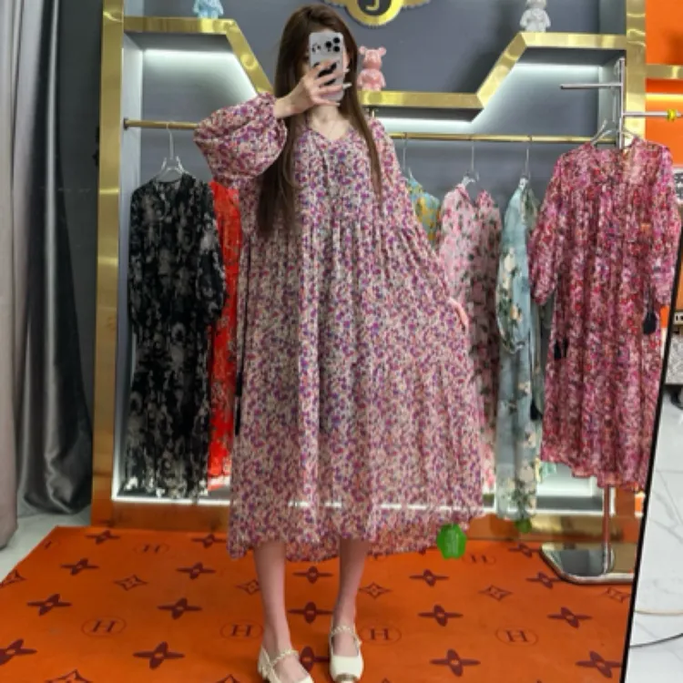 碎花雪纺连衣裙女夏季轻熟风宽松显瘦气质大摆长裙