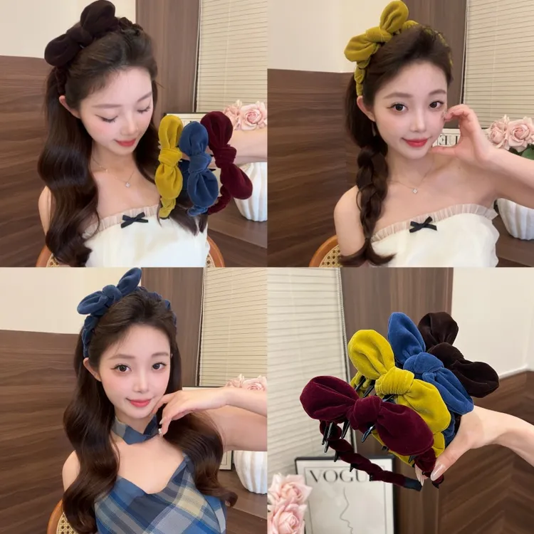 气质丝绒蝴蝶结齿梳发箍百搭外出时尚高颅顶发卡头箍头饰