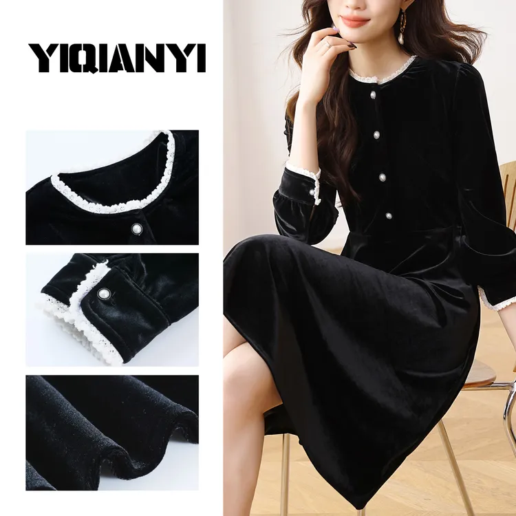 连衣裙法式优雅收腰连衣裙女装收腰长袖气质春季赫本风小香风