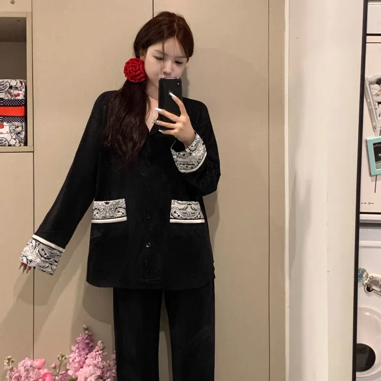 大码200斤黑色长袖睡衣纯棉套装秋季睡衣女款爆款2025新款家居服