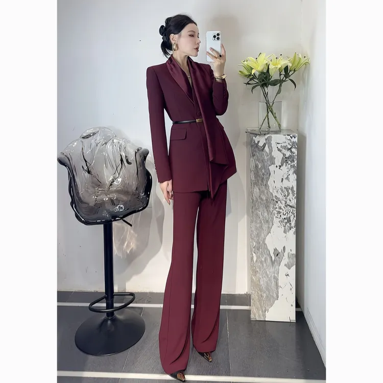 ZEROYK欧货高定职业装设计感女神范围巾领系带修身西服长裤三件套