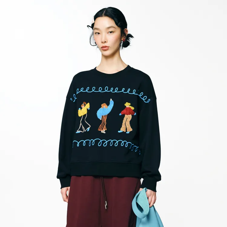 MOVEUP幻走2025秋季新款.FUN 圆领绣花休闲风短款卫衣女3EWQ11405