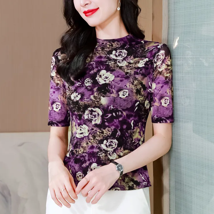 夏季中袖印花中领T恤女气质时尚舒适显瘦上衣柔软亲肤法式小衫