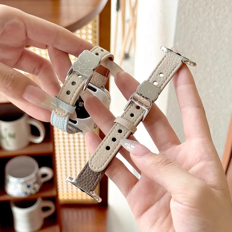 适用于苹果S10表带iWatch s9单钉小熊8荔枝纹Ultra卡通拼色se表带