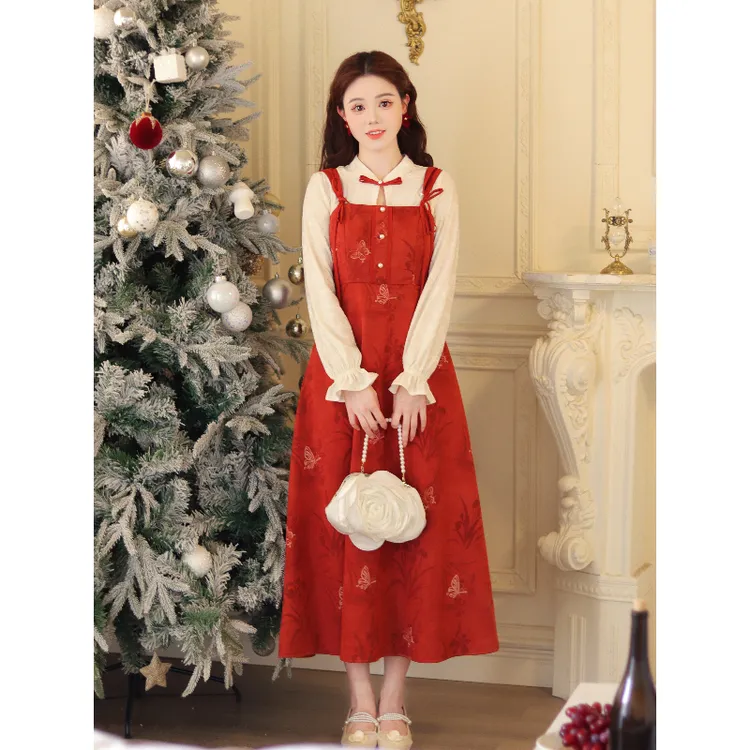 瑶西【晚枫来】红色长裙巨好看得秋冬连衣裙国风汉服新中式两件套装