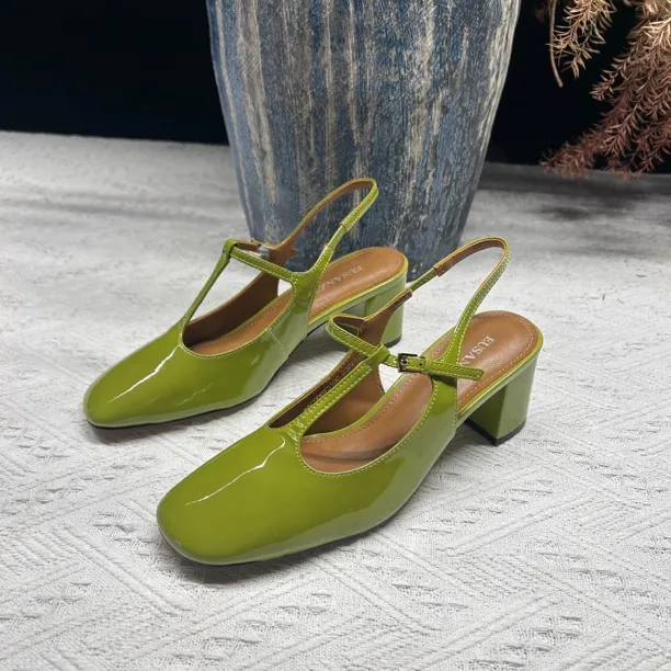 夏季时尚方头粗跟包头凉鞋真皮玛丽珍单鞋女后空高跟鞋3100