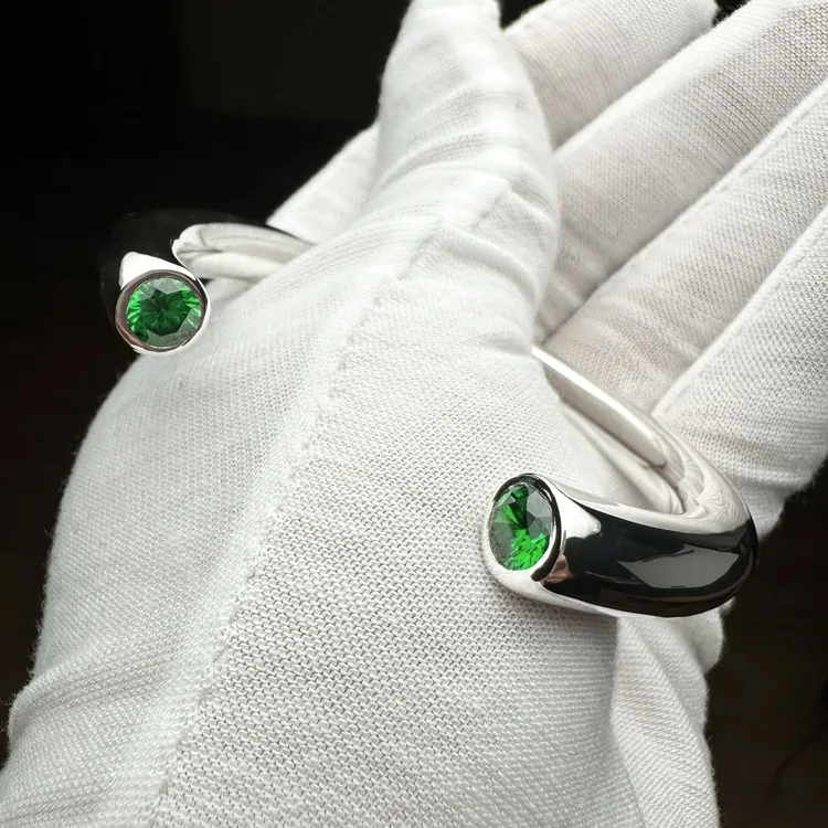 足银银制品 足银999纯银手镯镶绿钻马蹄简约手工定制刻字银饰品