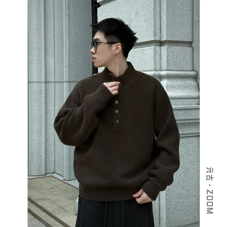 元古 半开领纽扣点缀毛衣冬季日系慵懒风小众设计立领针织衫5832