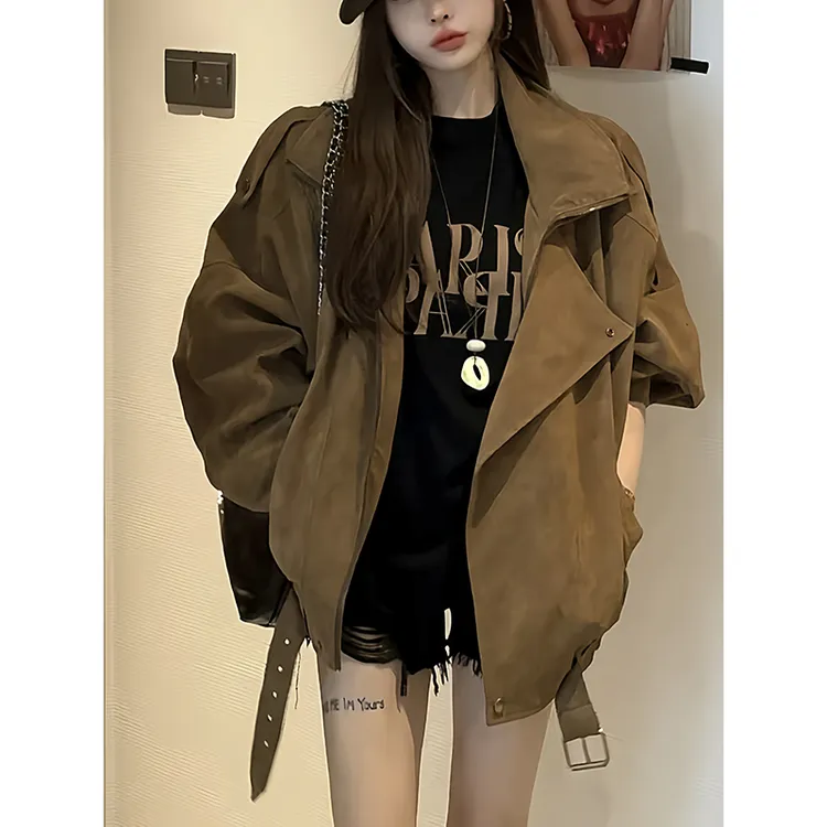 咖色麂皮绒咖色外套女2025新款秋季酷飒风独特超好看机车复古夹克
