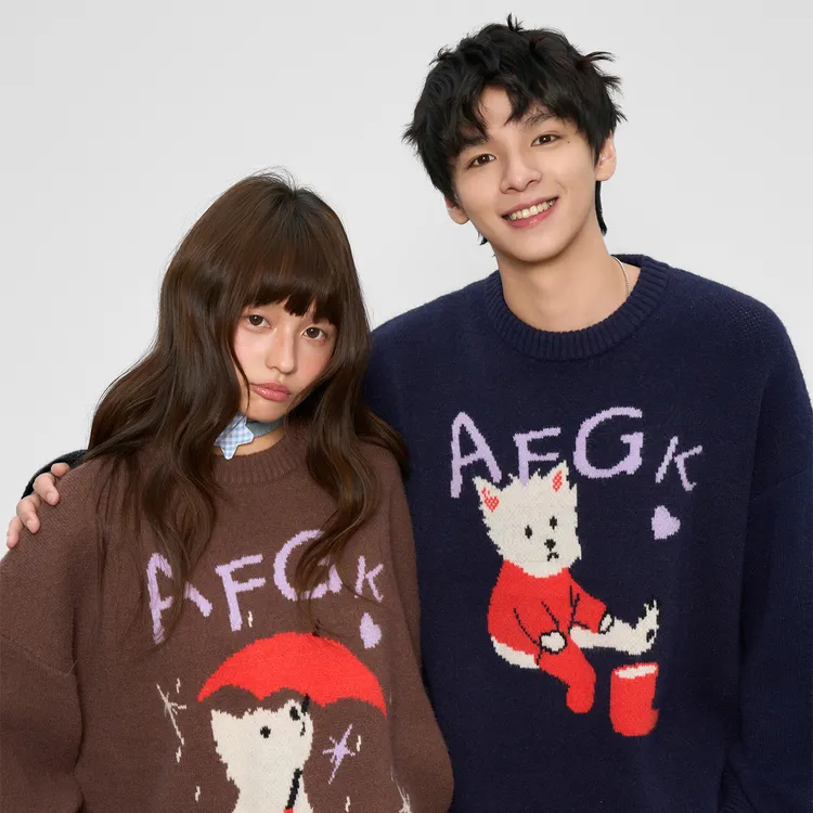 AFGK小狗元素美式复古潮流慵懒温柔可爱甜美百搭休闲宽松针织毛衣