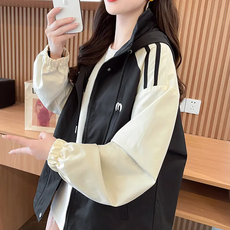连帽风衣外套少女春秋2025年新款初中高中学生宽松拼色工装冲锋衣
