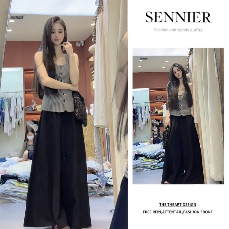 今年流行漂亮套装2025新款格纹修身无袖背心马甲显瘦阔腿裤两件套