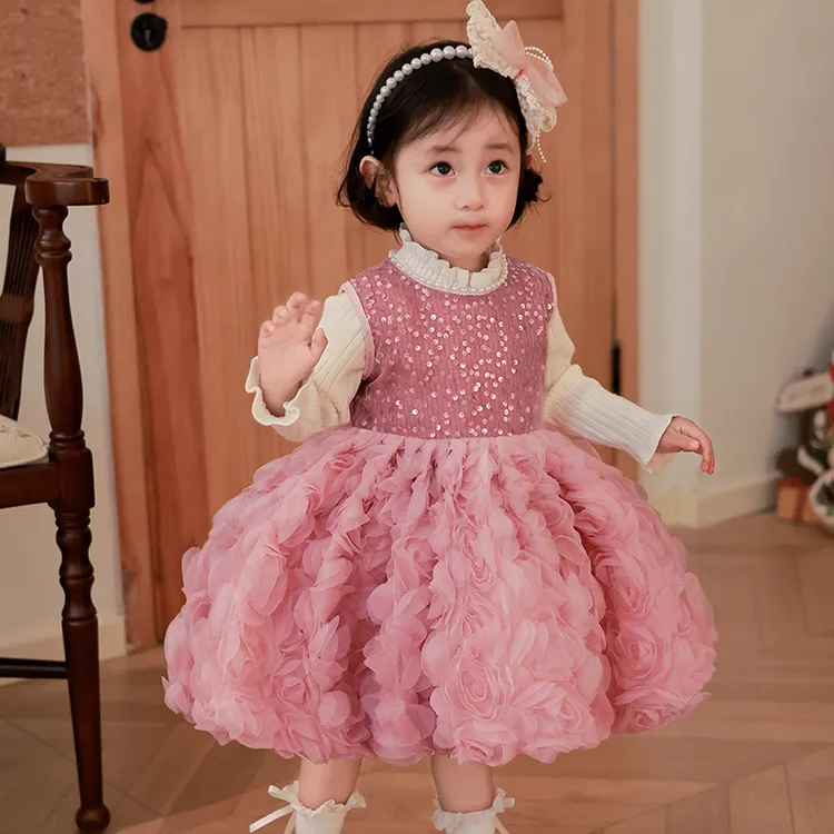 公主裙女童2025新款洋气粉色小女孩生日蓬蓬纱一岁女宝套装连衣裙