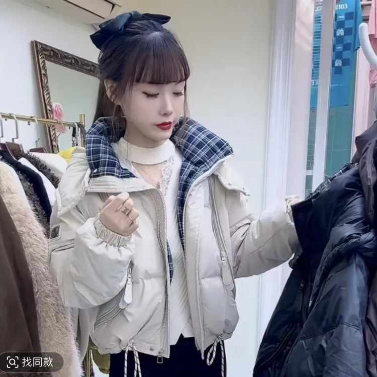 时尚2025拼接冬季连帽新款棉衣百搭格子棉服短款加厚保暖外套皮衣