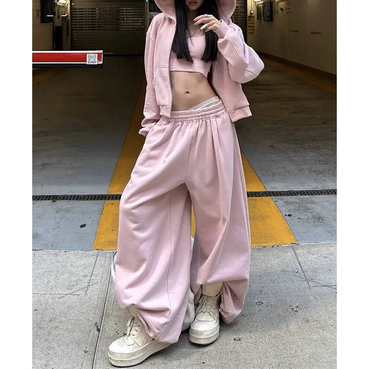 美式休闲粉色松紧腰卫裤女2025年秋季流行风格高腰百搭宽松阔腿裤