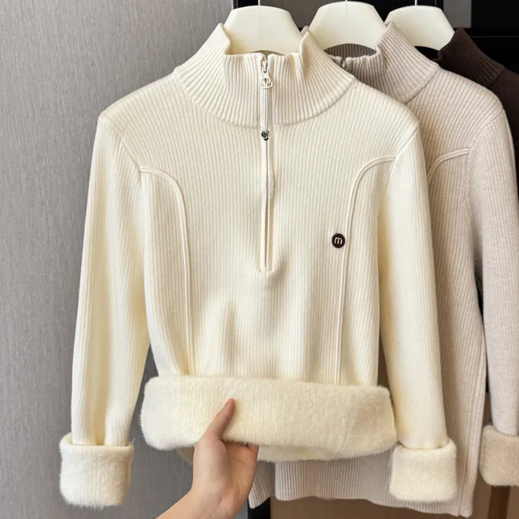 杏色半高领一体绒半拉链针织打底衫女秋冬2025新款修身保暖毛衣女