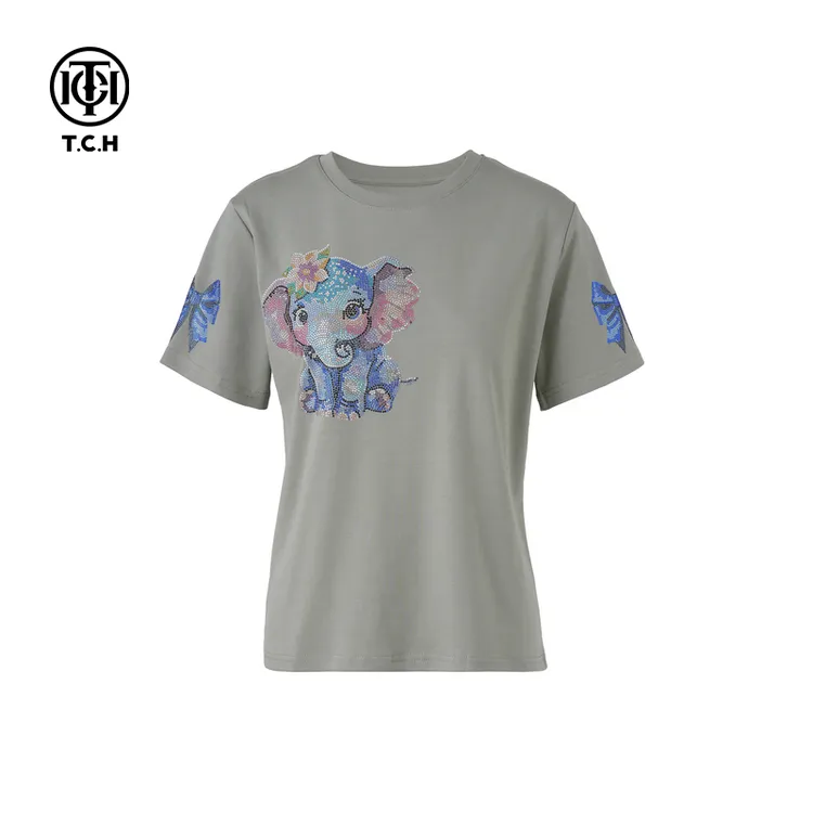 私服-TCH新款2025烫钻小象浅绿色T恤T75A10E5029