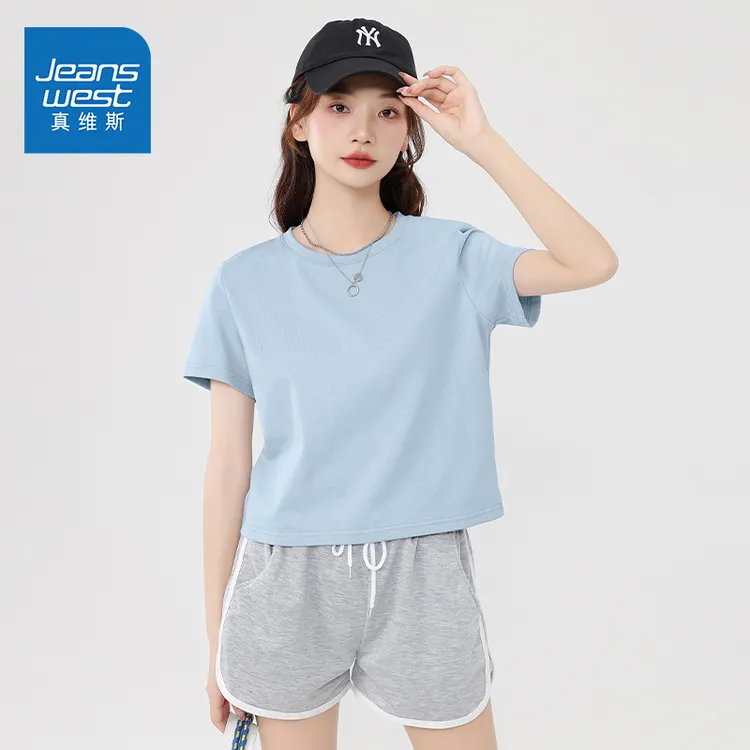 真维斯蓝色纯棉短袖t恤女夏季2025新款短款正肩显瘦小个子上衣潮