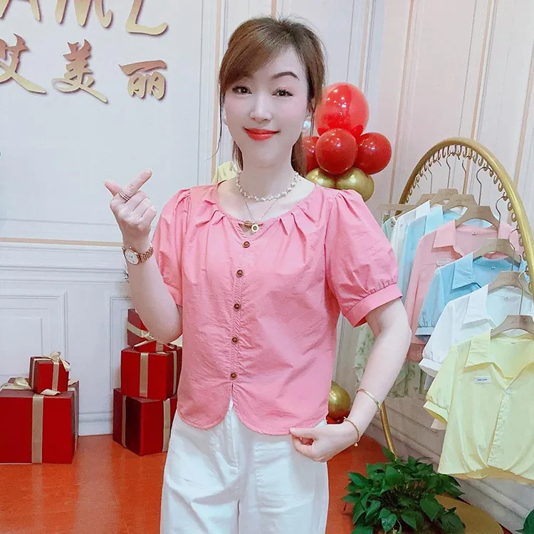 甜美时尚简约纯色短袖衬衫女2025夏季新款减龄圆领开衫上衣