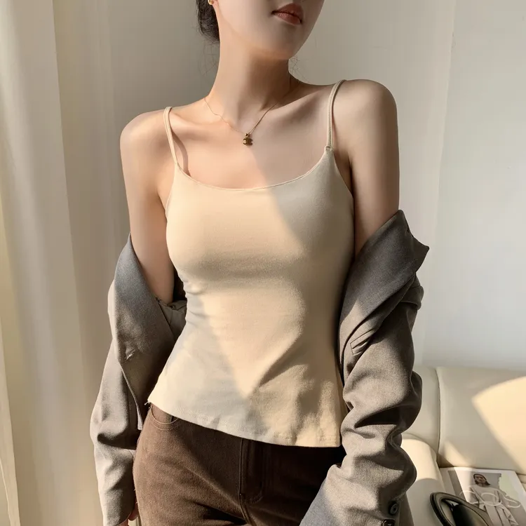 开叉吊带背心无规则夏季自带胸垫一体杯斜边百搭内搭外穿显瘦上衣