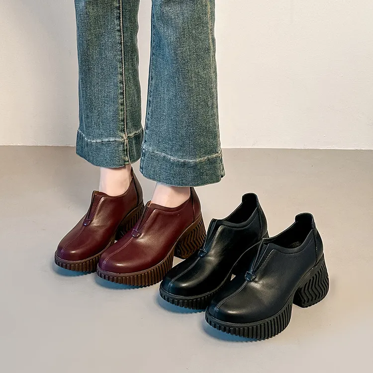 7cm复古小皮鞋女2025秋冬季棕色厚底粗高跟小个子内增高乐福单鞋