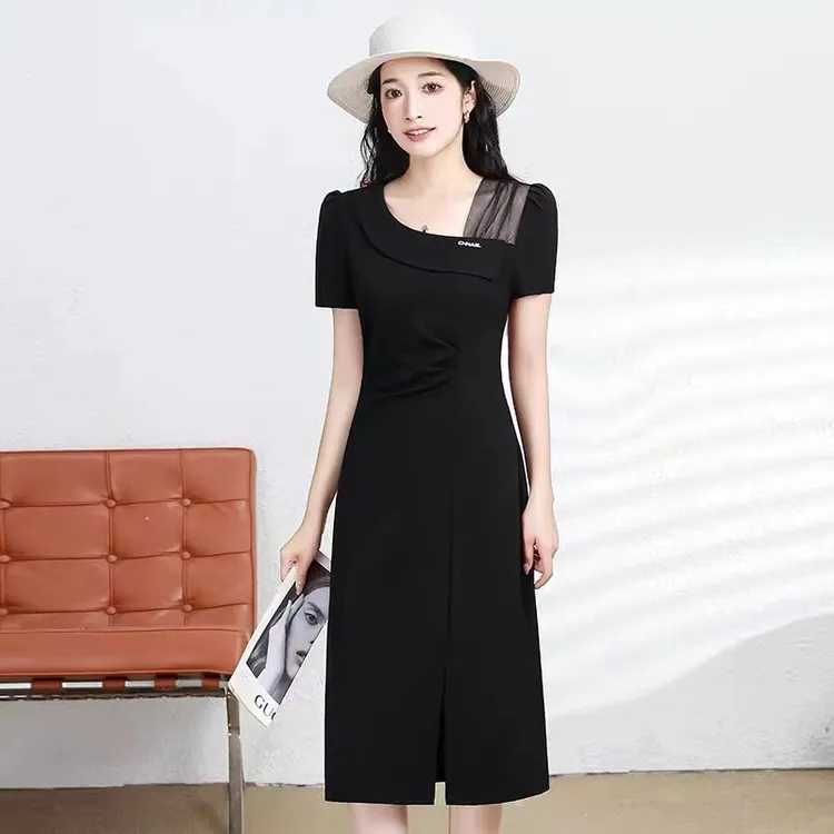 【SY323】今年流行爆款气质连衣裙女夏2025新款黑色收腰侧开叉裙子