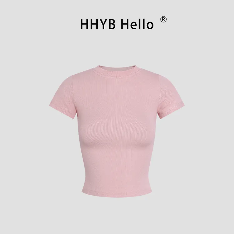 HHYB Hello韩系别致圆领正肩修身短袖T恤女2025年新款上衣250184