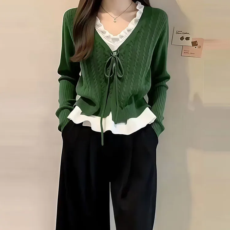 春季新款时尚拼接假两件毛针织衫设计感小众慵懒时尚上衣针织衫潮