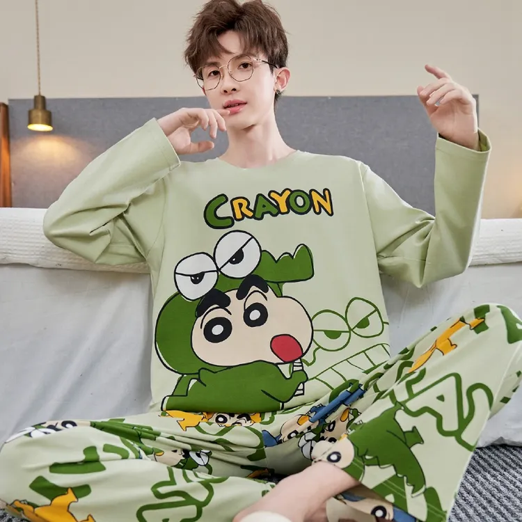 YUZHAOLIN/俞兆林纯棉长袖圆领睡衣男士休闲大码青少年家居服套装