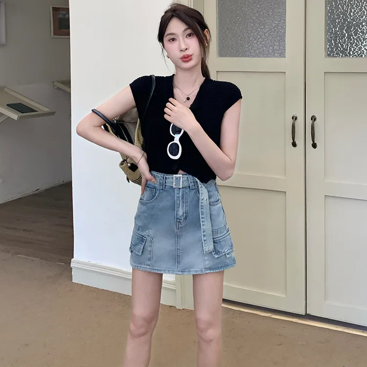 &蓝色牛仔短裙裤女2025夏季新款包臀字工装设计感辣妹裙裤裤子宽