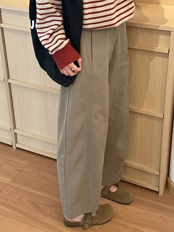 卡其色日系风九分直筒裤女秋2025胖mm显瘦梨形身材宽松阔腿休闲裤