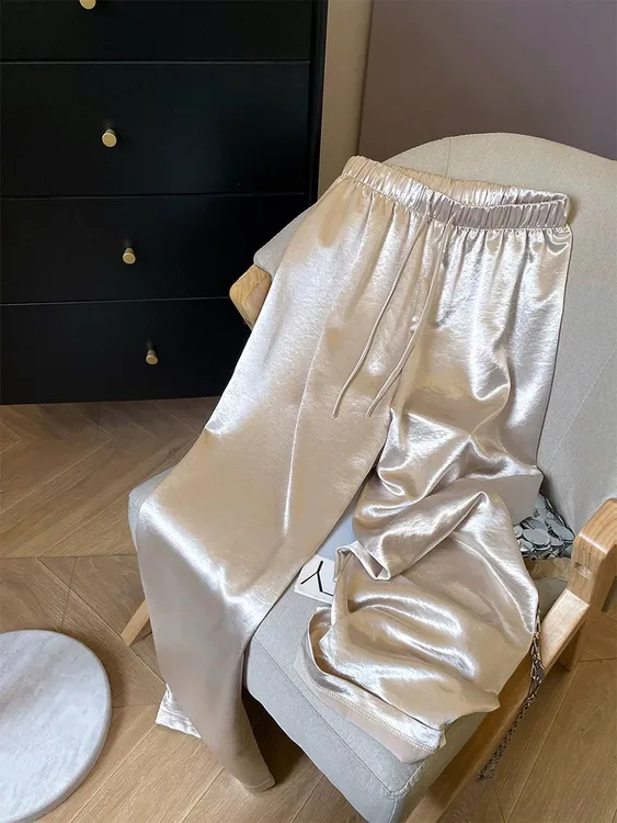 新款高级感显瘦百搭醋酸缎面松紧高腰休闲裤