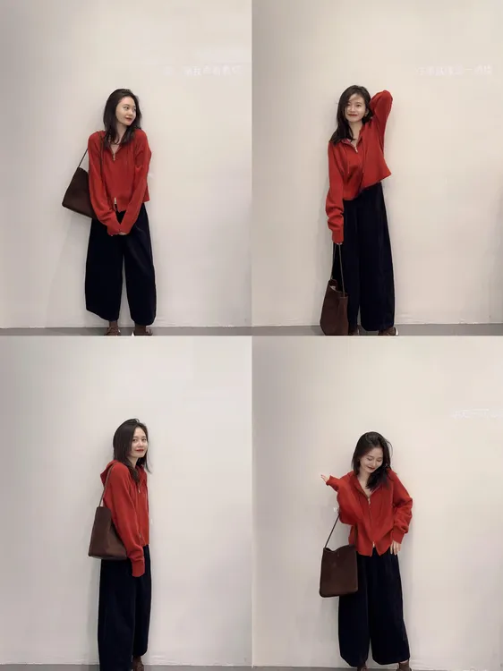 【小笔记】双拉链红色长袖针织连帽衫毛衣休闲慵懒黑色九分裤套装