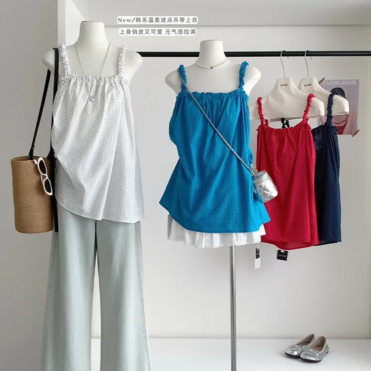 左手 减龄系带波点露肩吊带背心2025夏季新款显瘦设计感挂脖上衣