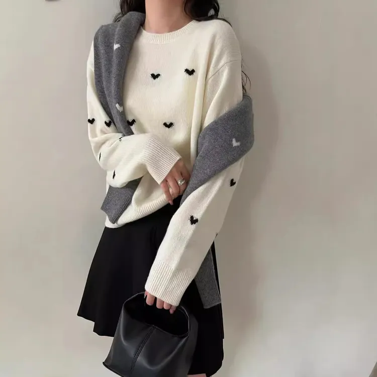 断码清仓~提花羊毛衫针织女纯羊毛宽松落肩毛衣软糯打底衫上衣