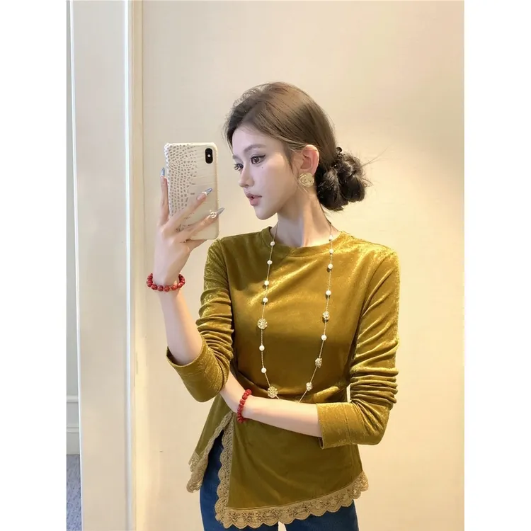 冬季巨好看轻熟小众设计感内搭独特漂亮气质收腰花边黄色丝绒衬衫