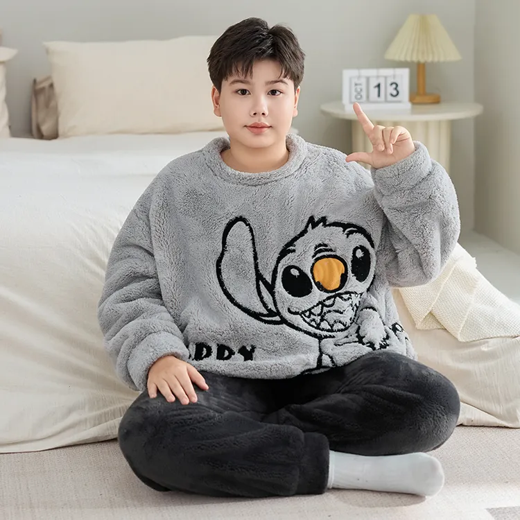 胖童睡衣套装秋冬保暖长毛绒男中大童儿童青少年胖男孩宽松家居服