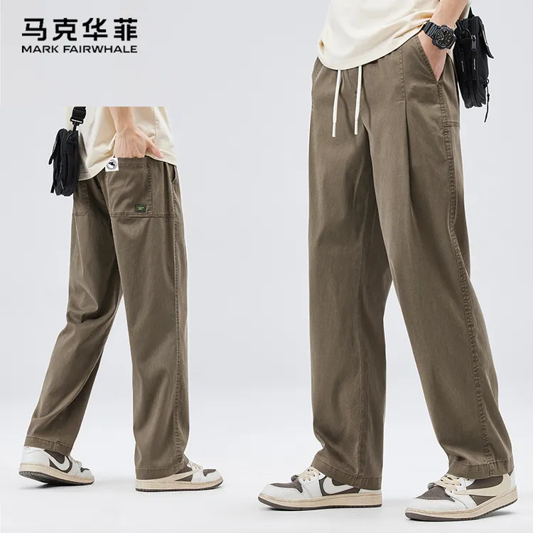 马克华菲秋季新款男士休闲裤时尚百搭抽绳直筒宽松垂感阔腿长裤子
