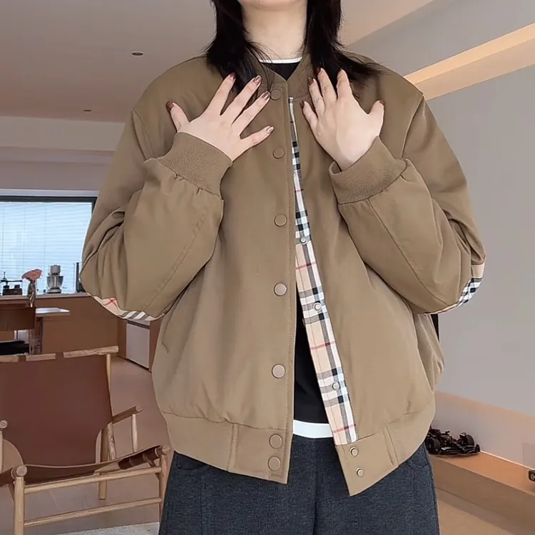 格纹拼接棉衣棒球领休闲时尚拼色宽松外套加厚夹克保暖棉服女装