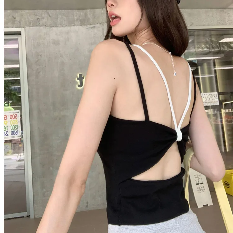 假两件性感纯欲甜辣风撞色吊带背心女内搭自带胸垫外穿短款上衣