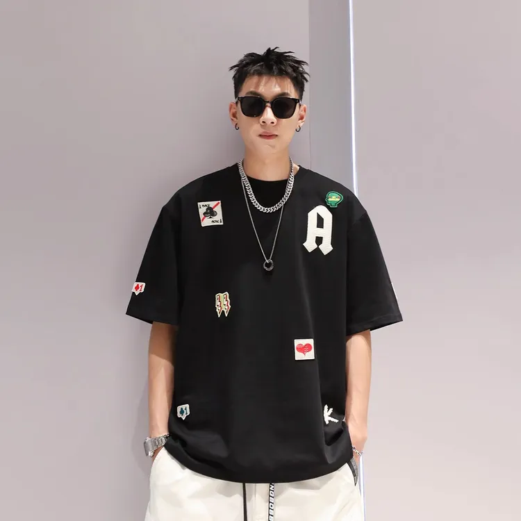 特大码300斤刺绣夏季短袖T恤男胖子新款潮宽松肥佬痞帅休闲半袖衫