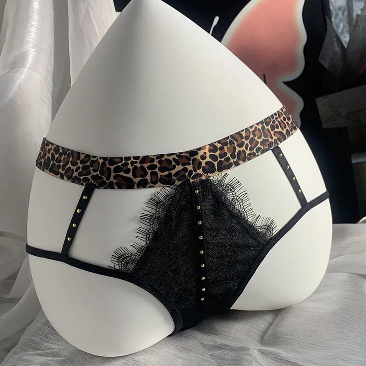 NANA欧美性感蕾丝内裤女豹纹细带镂空低腰火辣诱惑时尚铆钉三角